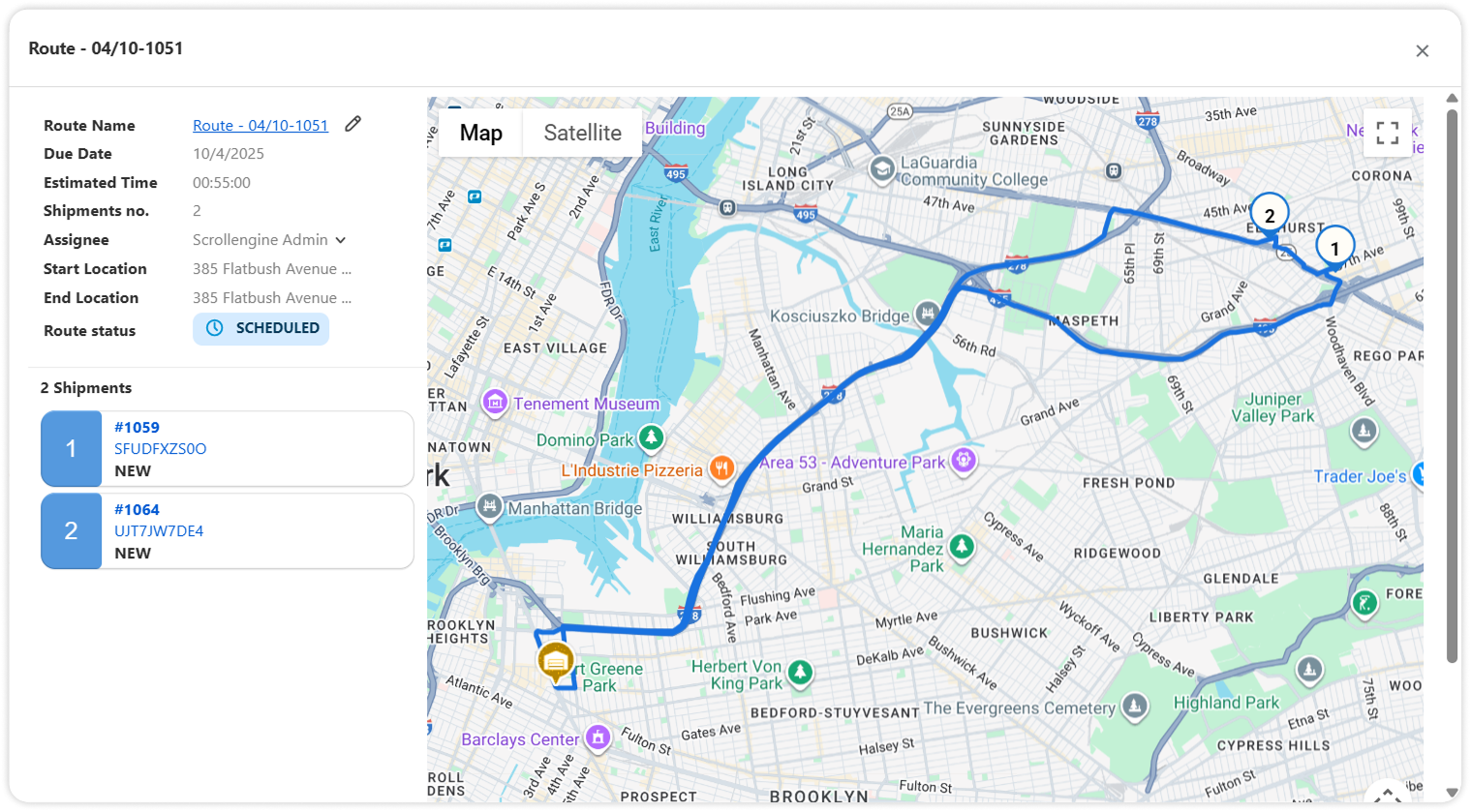 A planned delivery route with two stops, from Brooklyn to Queens, on a map, shown with demo data