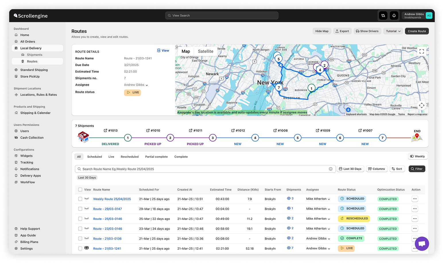 The Routes screen in ScrollEngine with route details, stops and a map, shown with demo data