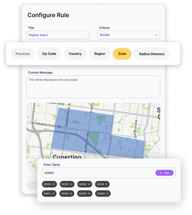 Configure Rule screen: a delivery zone drawn on a map, with ZIP code, country, region and radius options