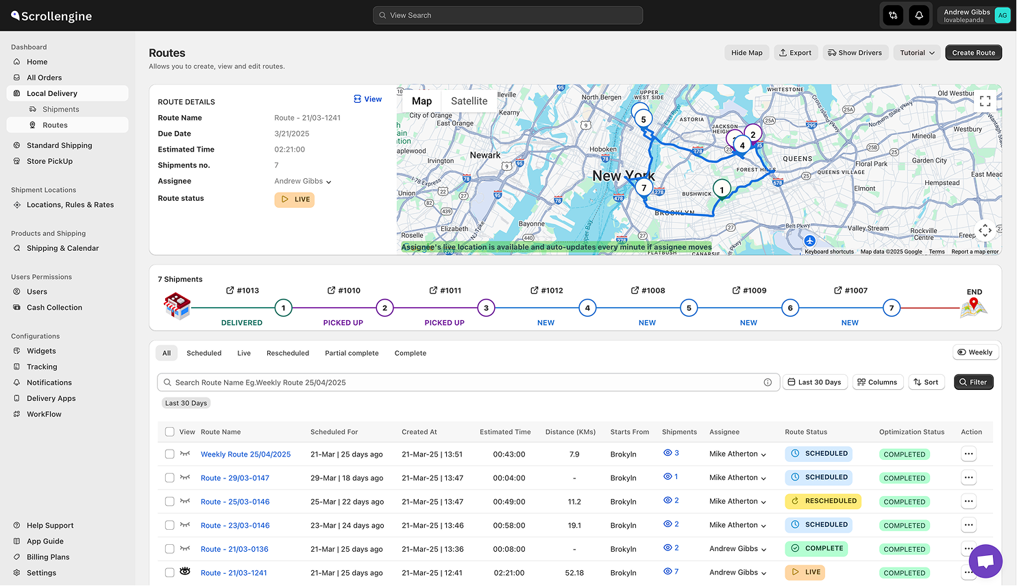 Routes screen: route details, the route on a map, the stop timeline and a list of routes with their status
