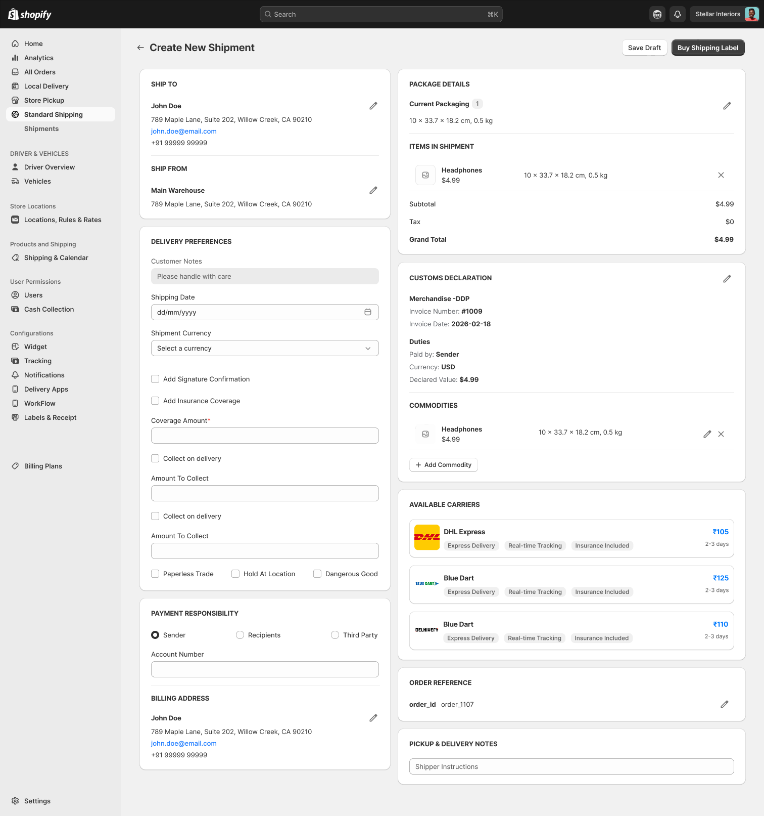 Create New Shipment screen with package details, a customs declaration and available carriers
