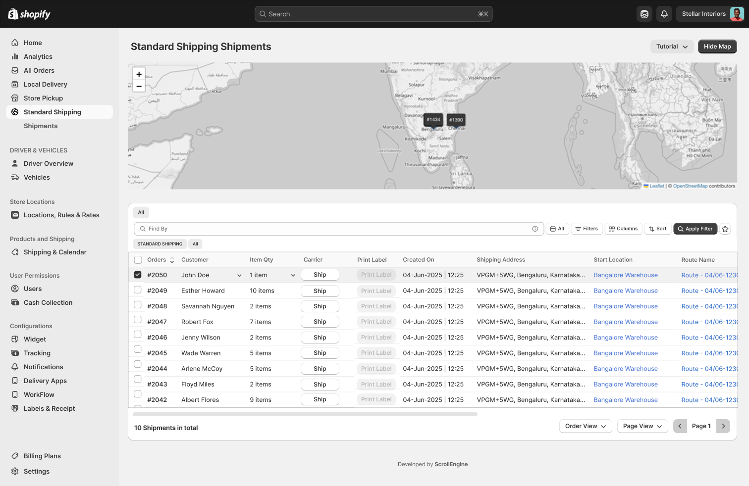 Standard Shipping Shipments screen inside Shopify admin, with a map and a list of shipments to ship