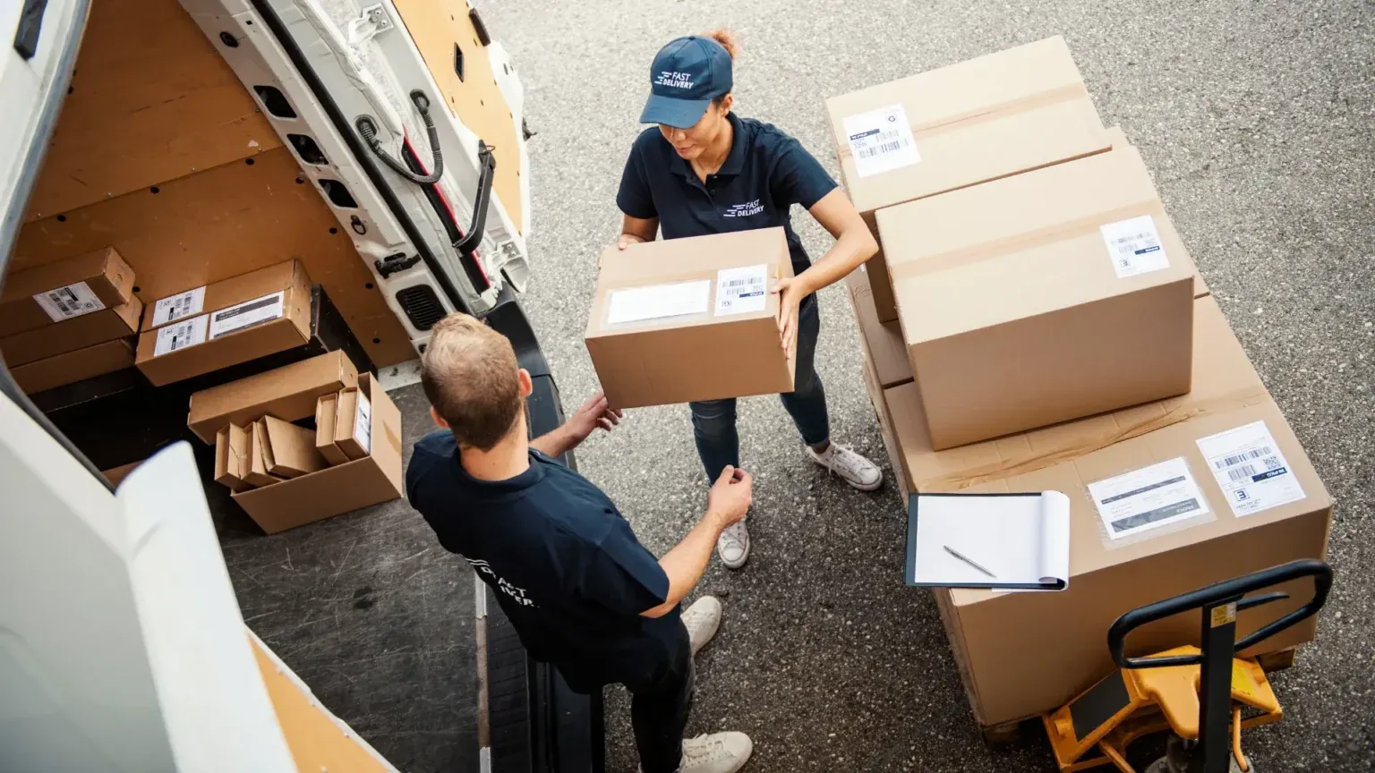 Two delivery workers load labeled cardboard boxes from a pallet into the back of a van
