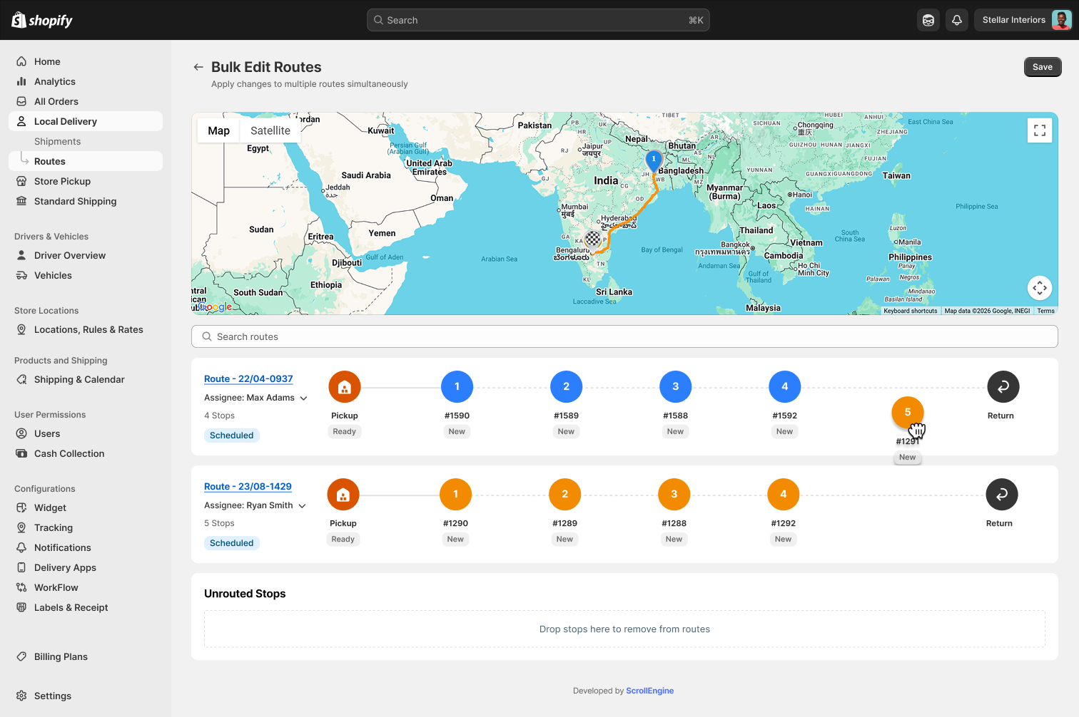 Bulk Edit Routes screen: two routes on one map, with stops you can move between routes or to unrouted stops