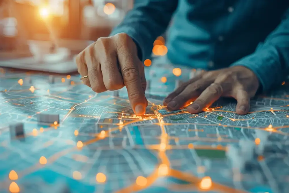 A person pointing at stops on an illuminated city map with glowing route lines