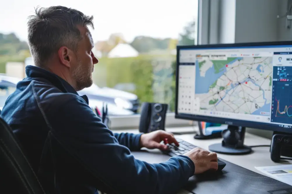A dispatcher at a desk reviewing a delivery map on a computer screen