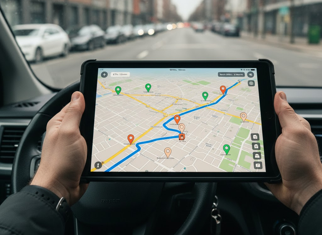 A driver holding a tablet that shows a delivery route and stop pins on a city map