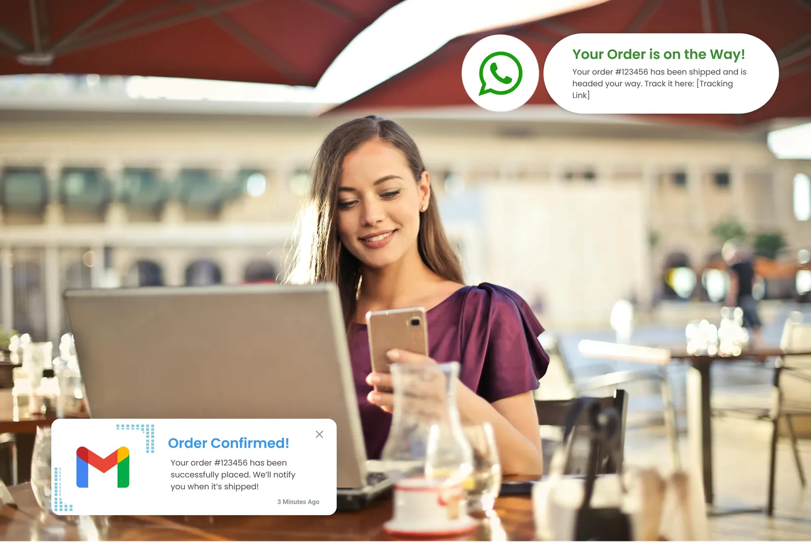 A shopper receiving order updates by WhatsApp and email