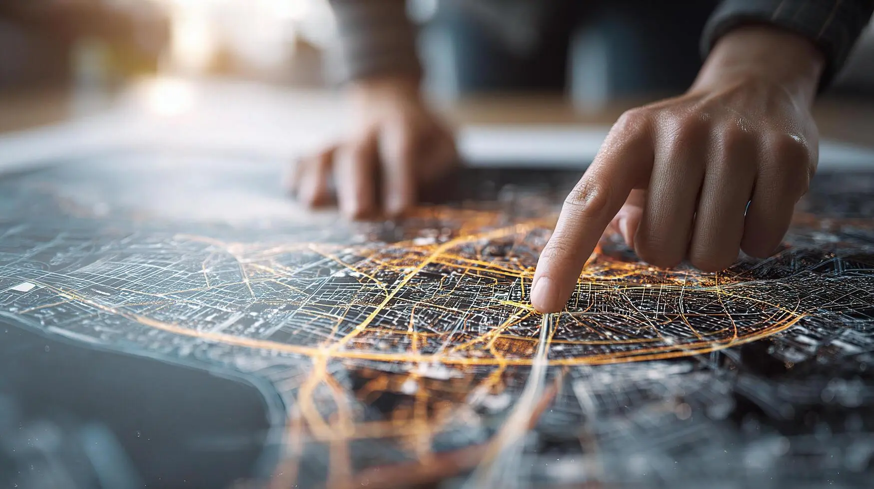 A person pointing at a city map on a table