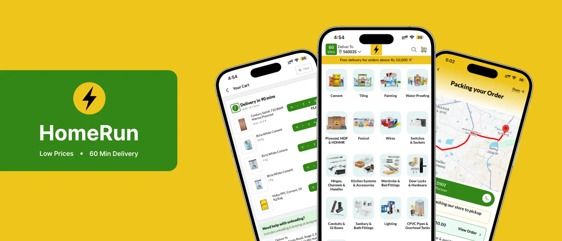 HomeRun banner: low prices and 60-minute delivery, with screens from the HomeRun shopping app