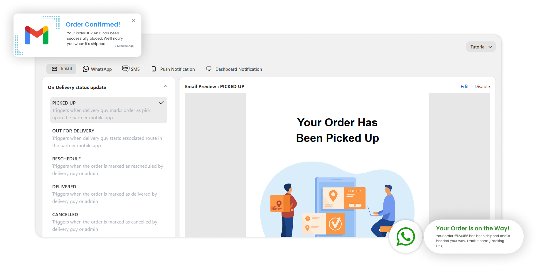 Notification settings in ScrollEngine with tabs for customer email, WhatsApp and SMS, driver push and dashboard alerts, and an email preview for a picked-up order