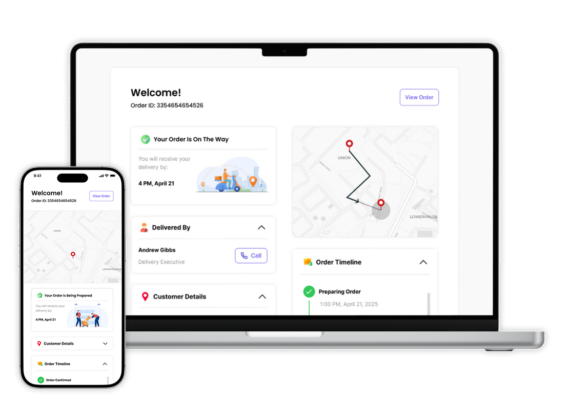 A branded ScrollEngine tracking page on laptop and phone, with the delivery window, driver, map and order timeline