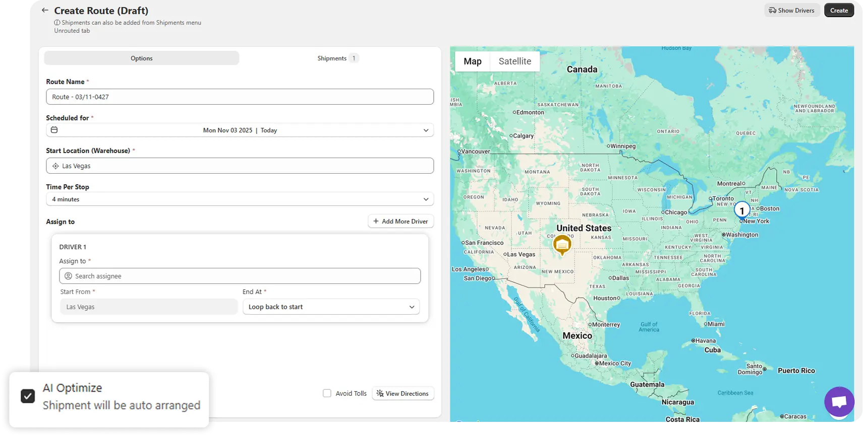 The Create Route screen in ScrollEngine with automatic stop ordering switched on, shown with demo data
