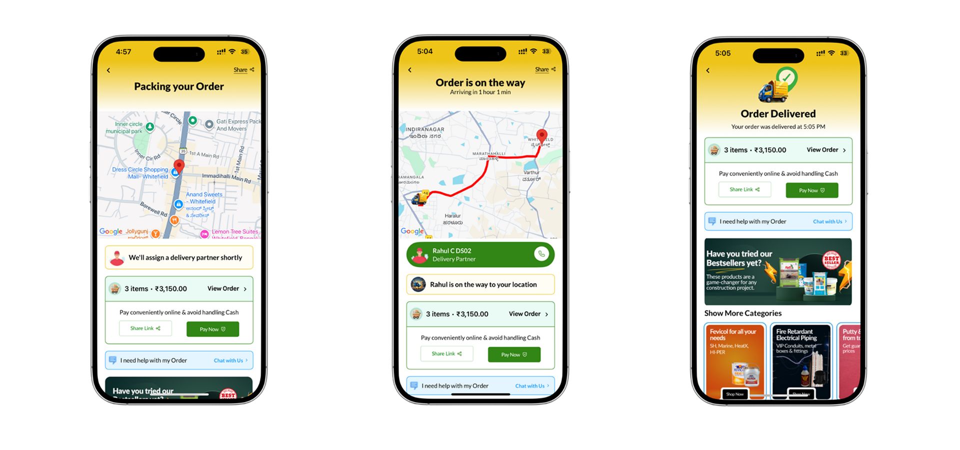 Three HomeRun app screens: packing your order, order on the way with the driver on a live map, and order delivered