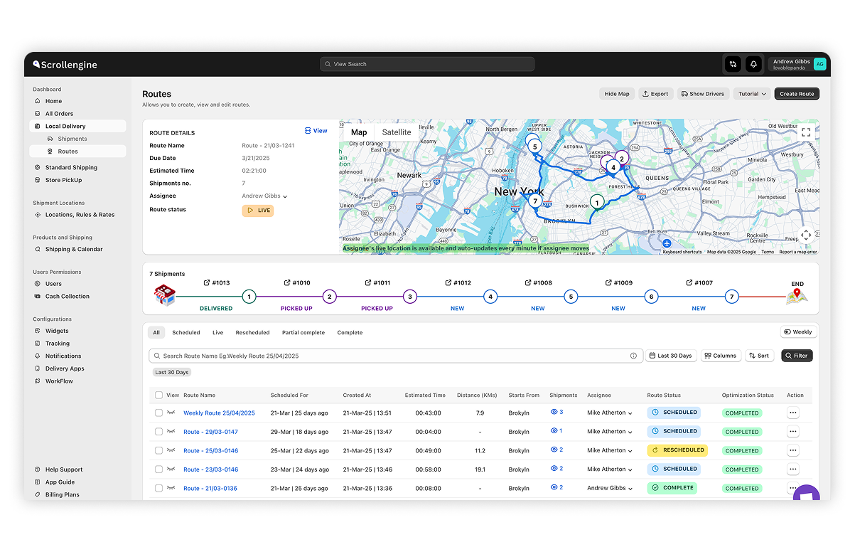 The ScrollEngine Routes screen: a live route on a map with its numbered stops, and a table of scheduled and completed routes