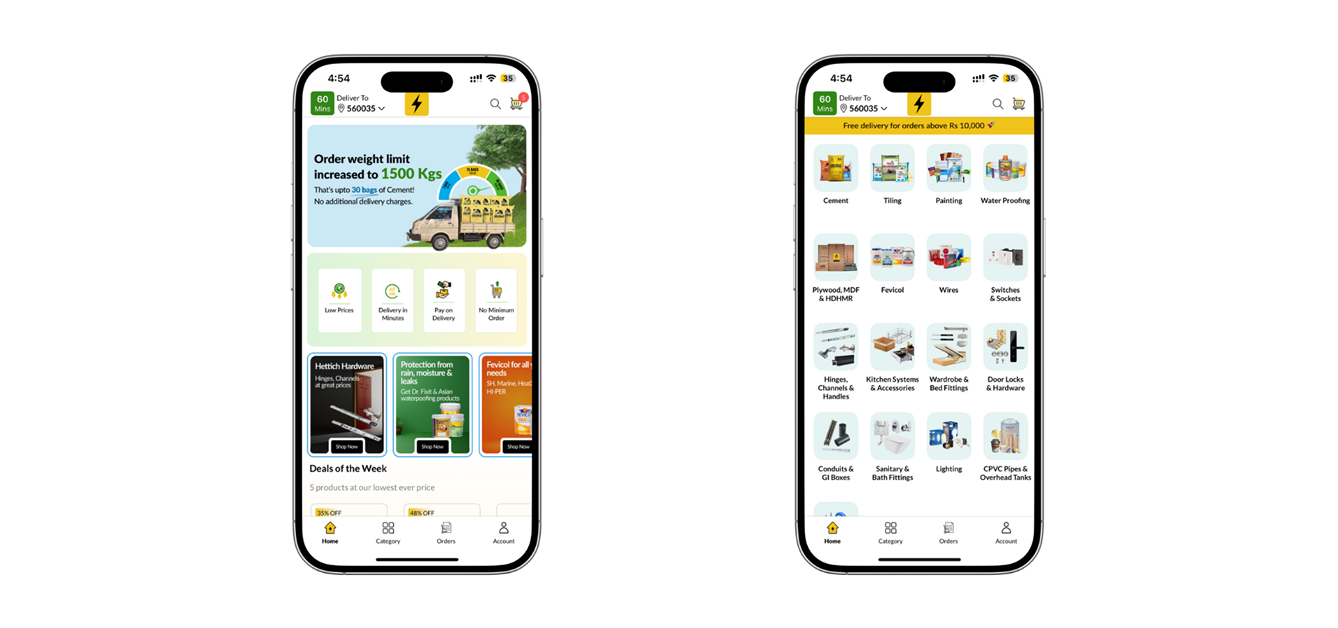 Two screens of the HomeRun shopping app: the home screen with a 60-minute delivery badge, and the building-materials category grid