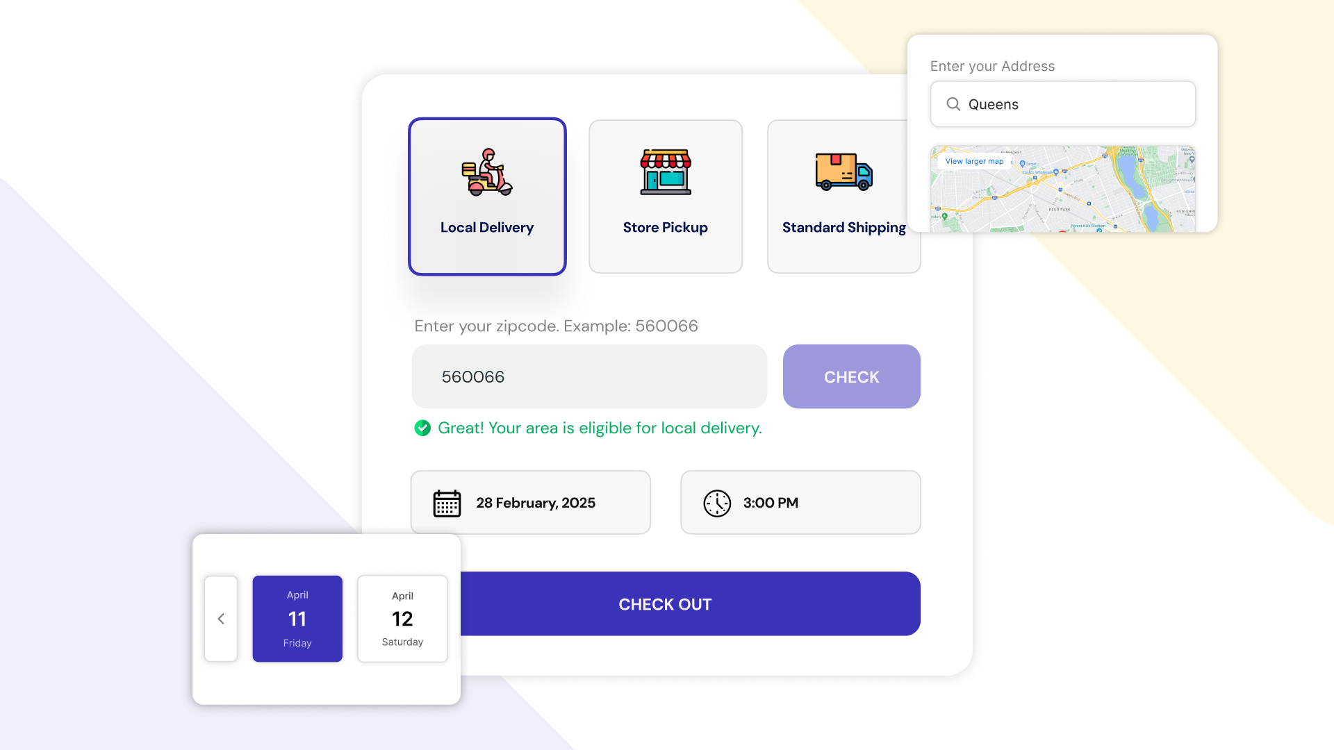 The ScrollEngine cart widget: choose local delivery, store pickup or shipping, check the ZIP code, then pick a date and time