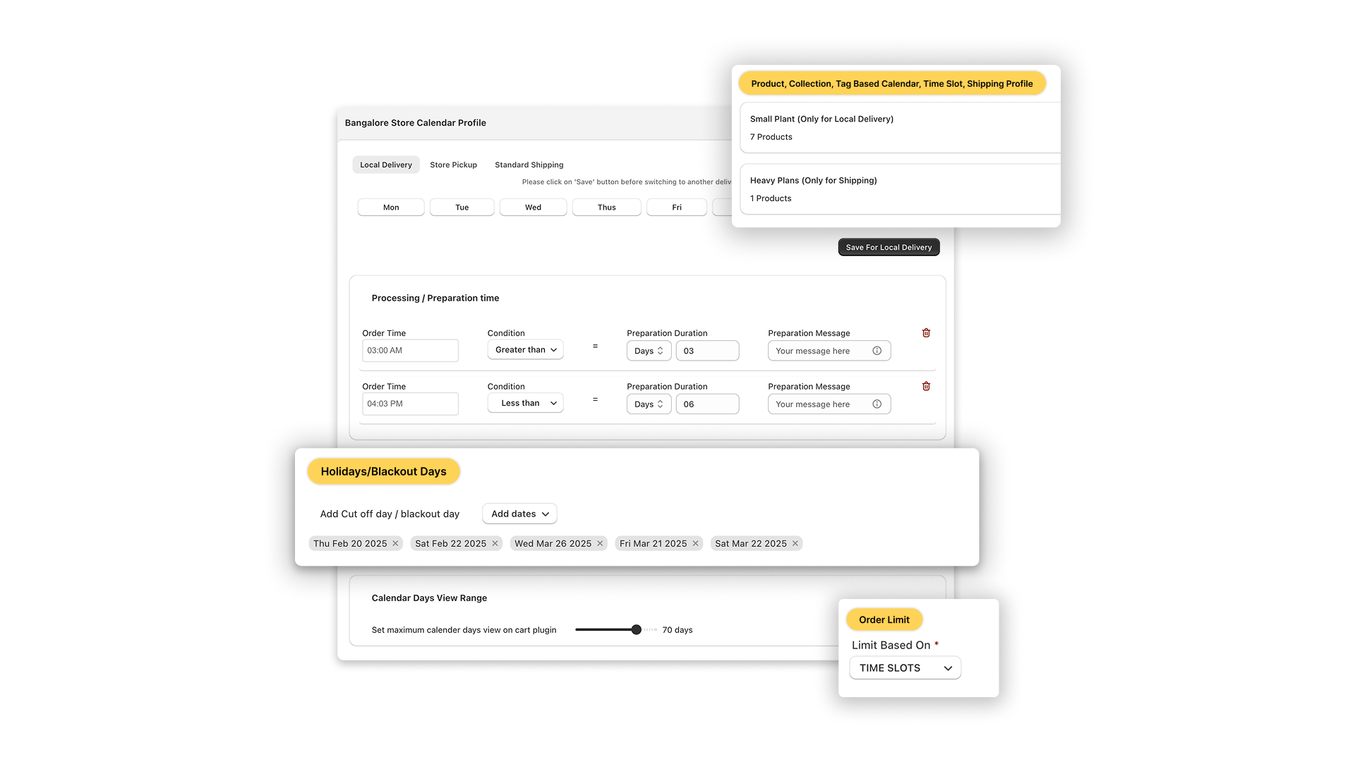 Calendar profile settings in ScrollEngine: preparation time rules, blackout days, calendar range and an order limit per time slot