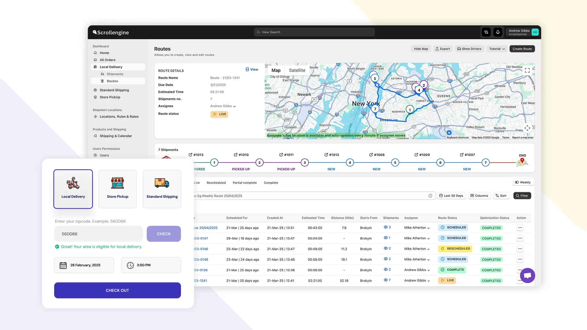 The ScrollEngine routes dashboard with the checkout widget in front, shown with demo data