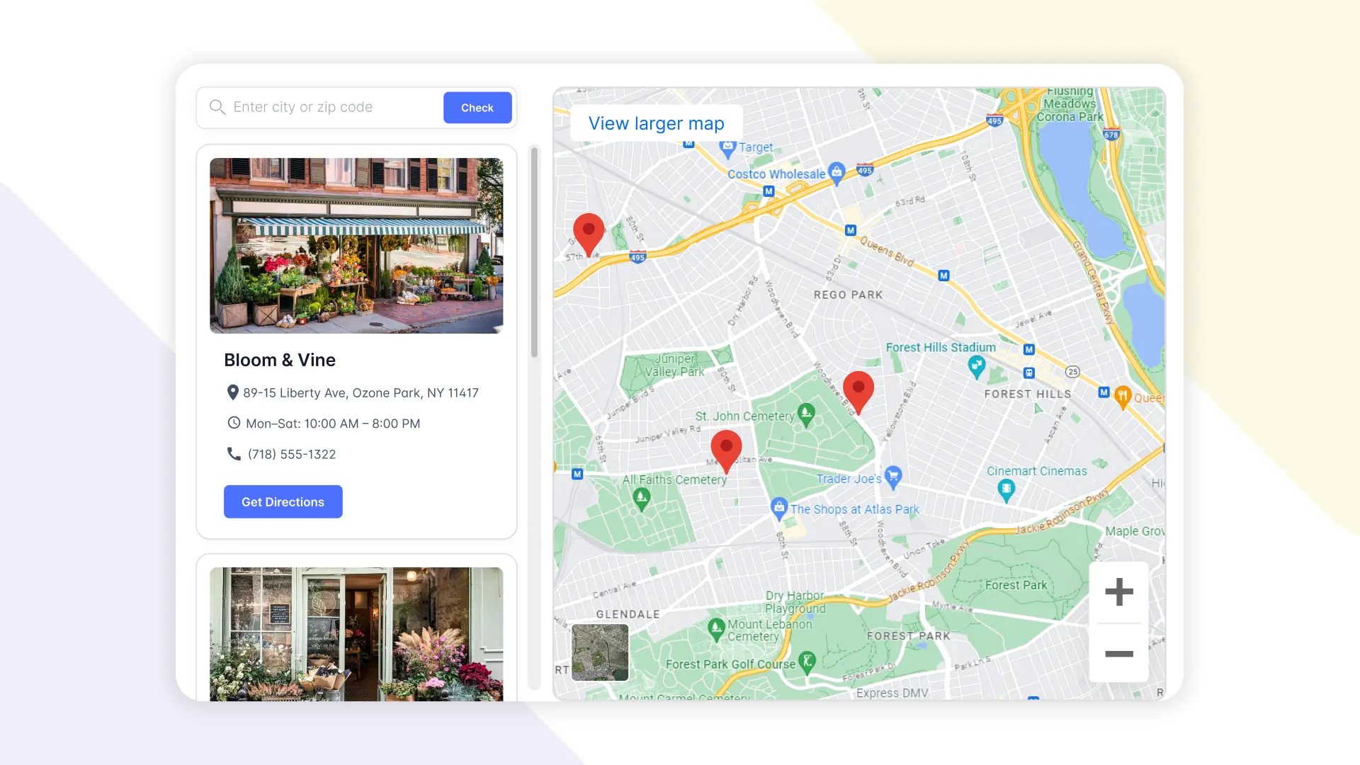 The Store Locator app: a list of nearby stores with addresses and opening hours next to a map
