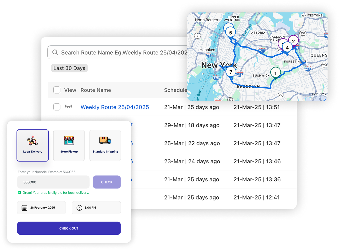 ScrollEngine screens: a routes list, a planned route on a map of New York, and the cart widget with delivery options, a ZIP check and a delivery date and time