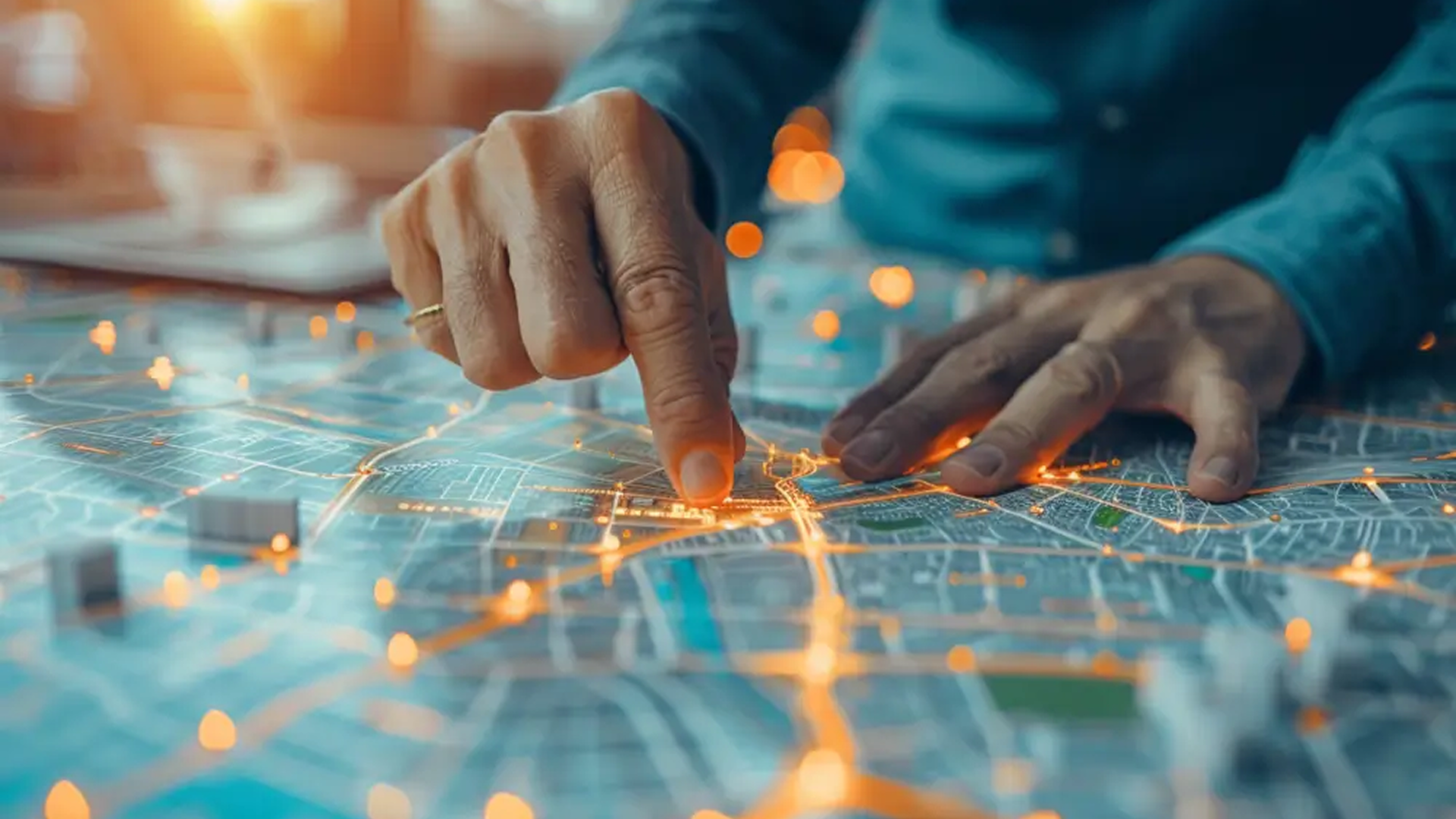 Hands pointing at a glowing city map