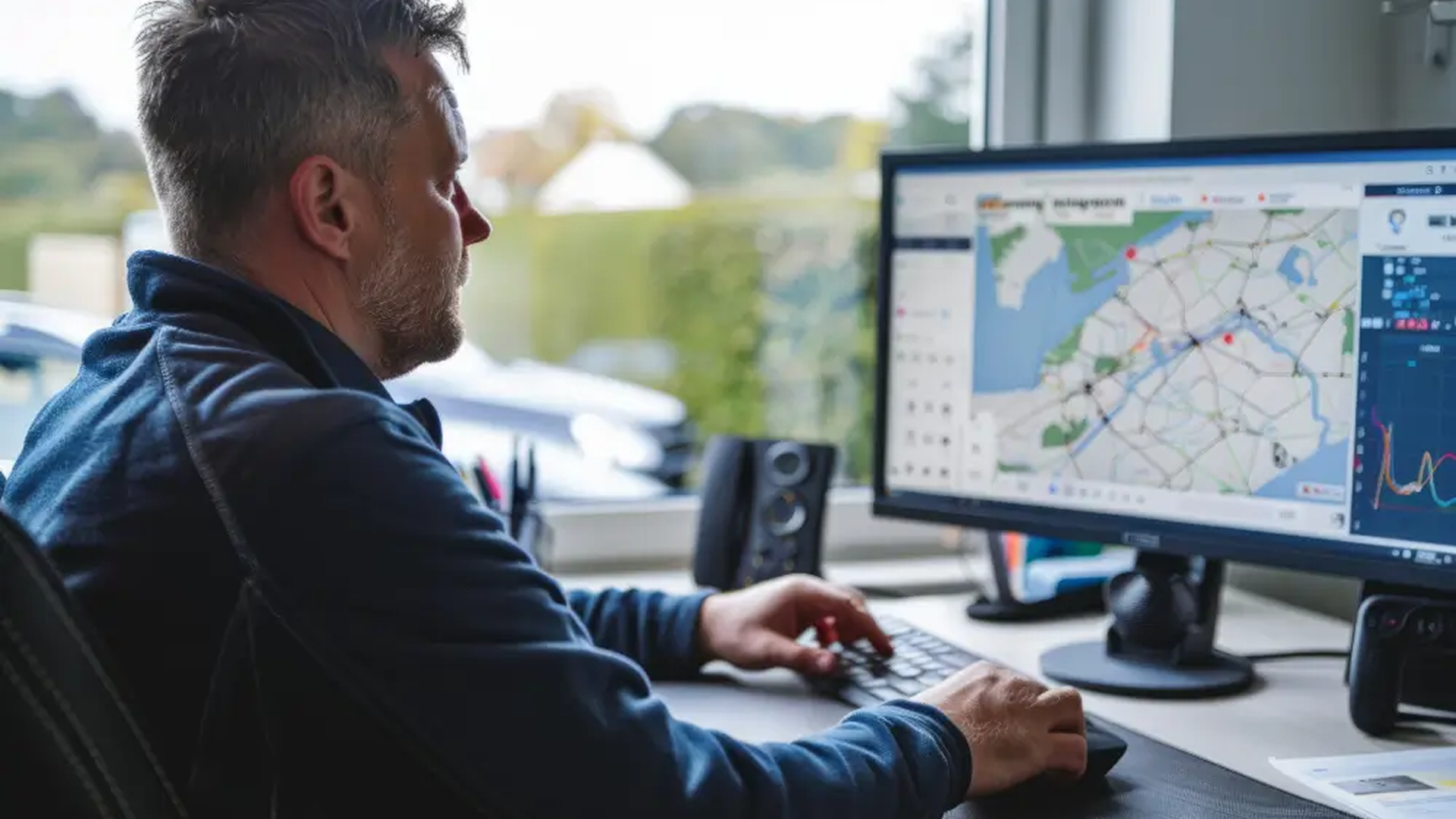 A dispatcher planning delivery routes on a map on his computer screen