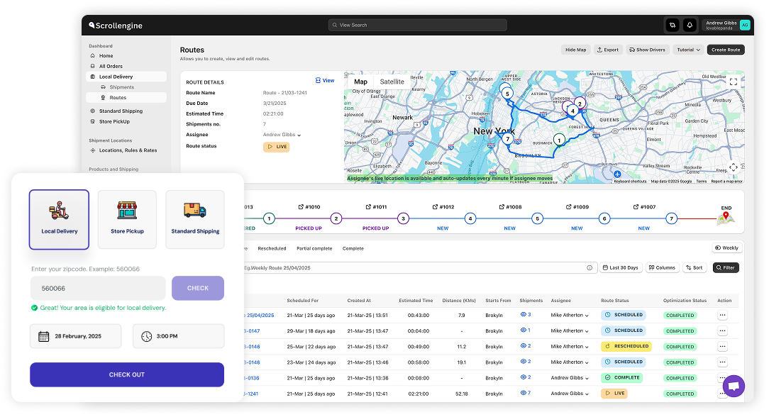 The routes dashboard next to the cart widget's delivery options