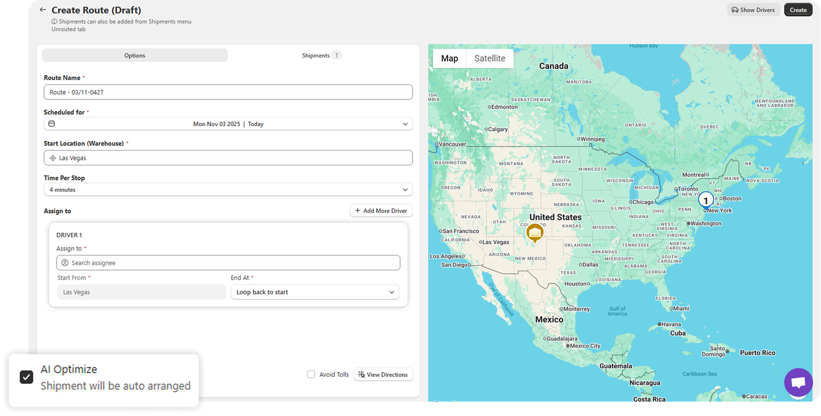 Create Route screen: route options, a driver assignment and a map of the stops, with automatic stop ordering switched on