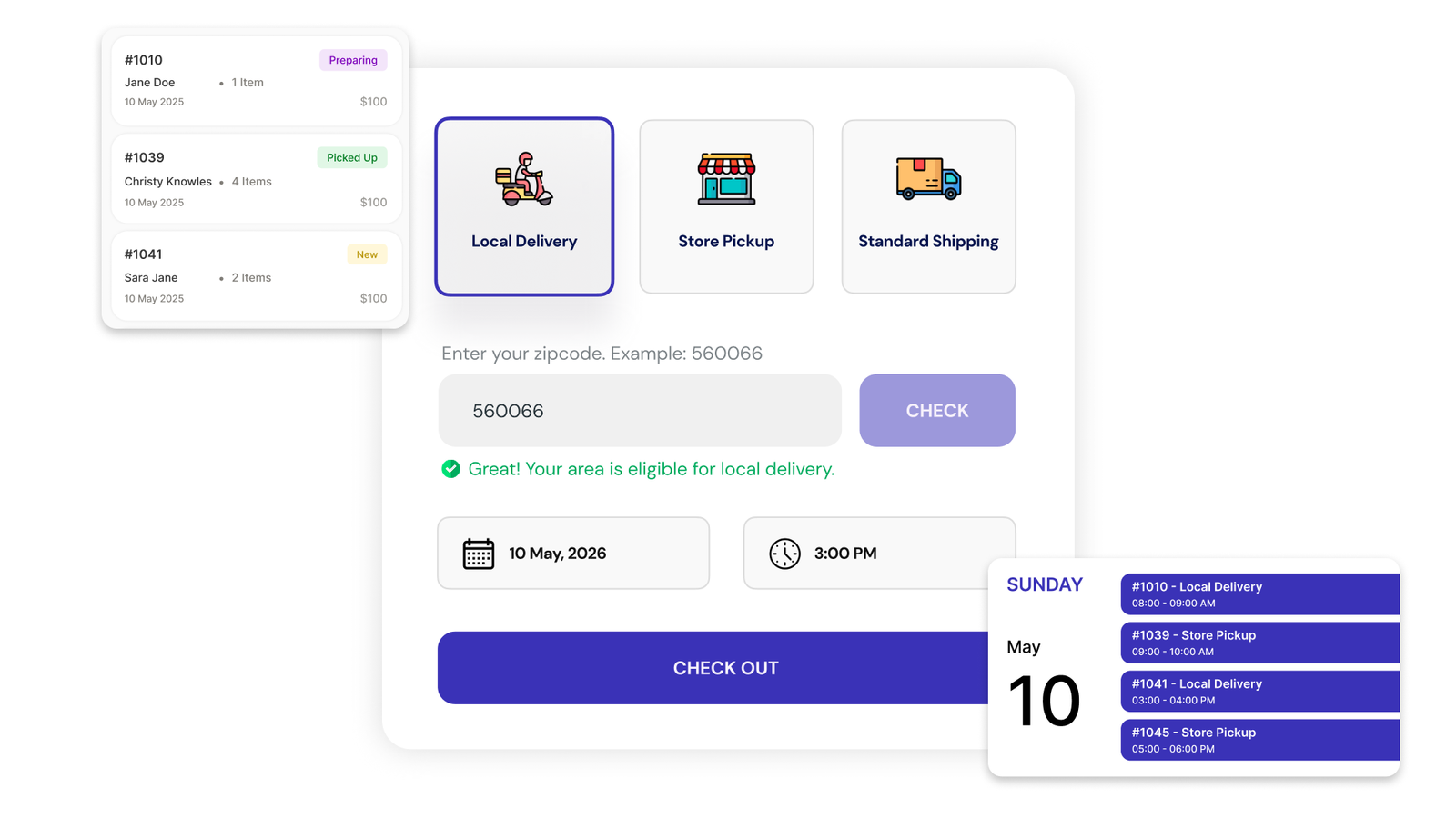 Cart widget with a delivery method, ZIP code check, date and time, next to a calendar of the day's delivery and pickup orders