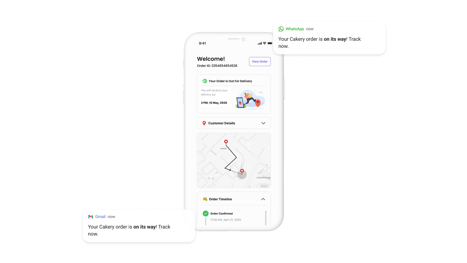 Order tracking page on a phone, with WhatsApp and email messages saying the order is on its way