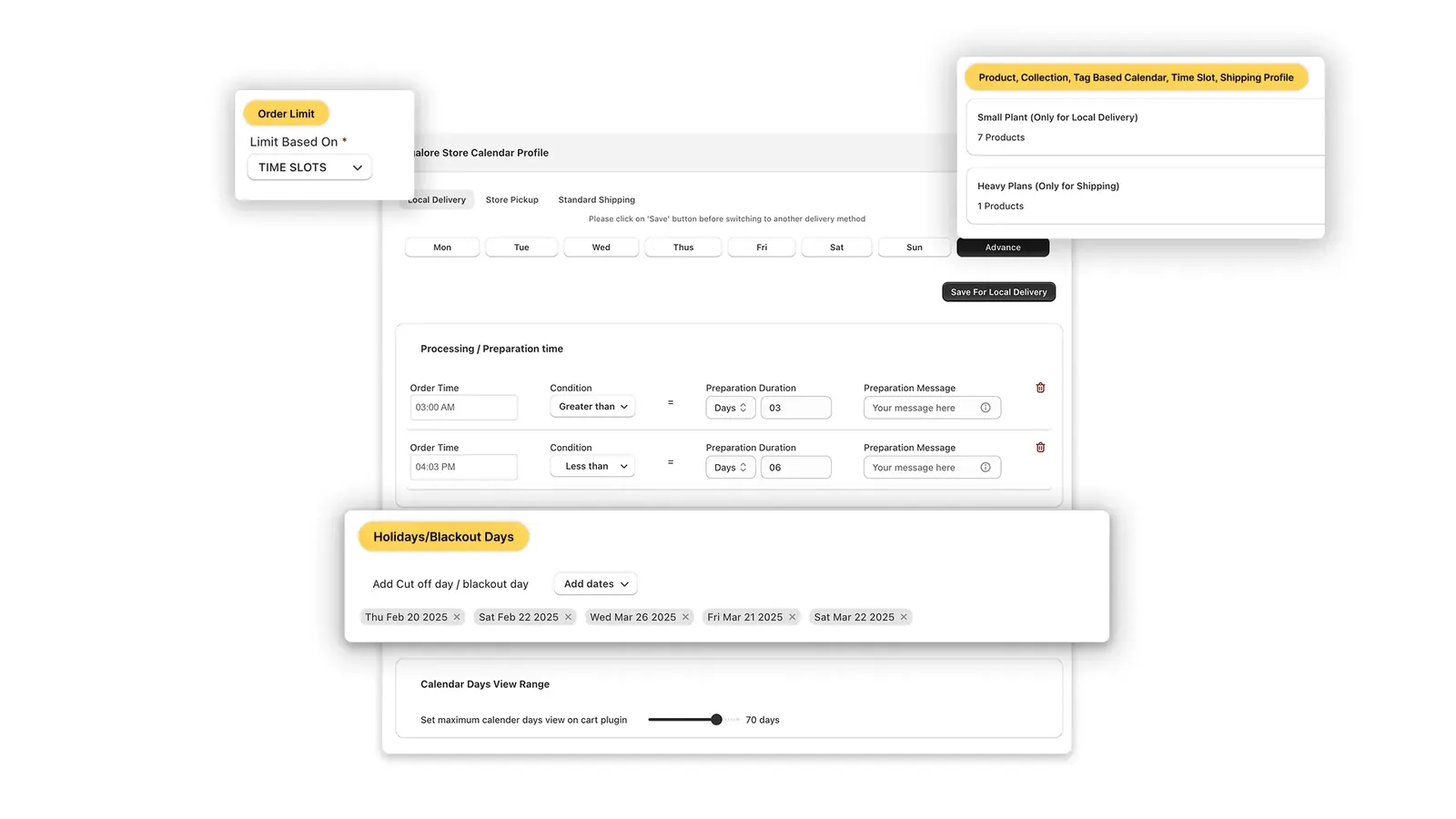Calendar profile settings: order limits, preparation time, and holidays and blackout days