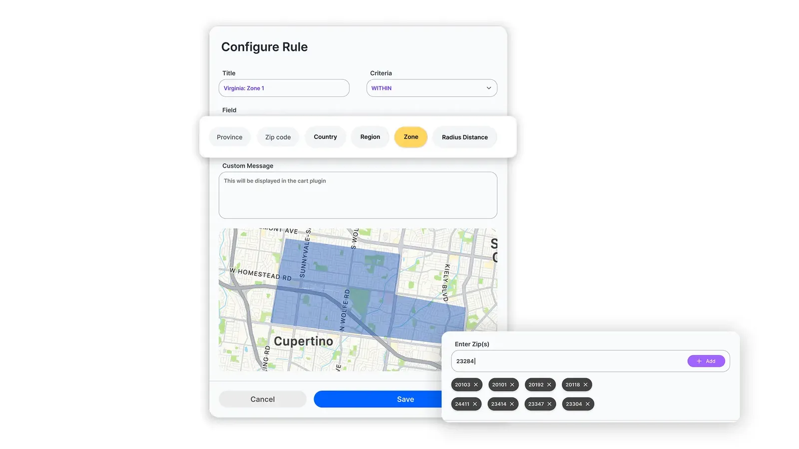 Configure Rule screen: a delivery zone set by ZIP codes and drawn on a map