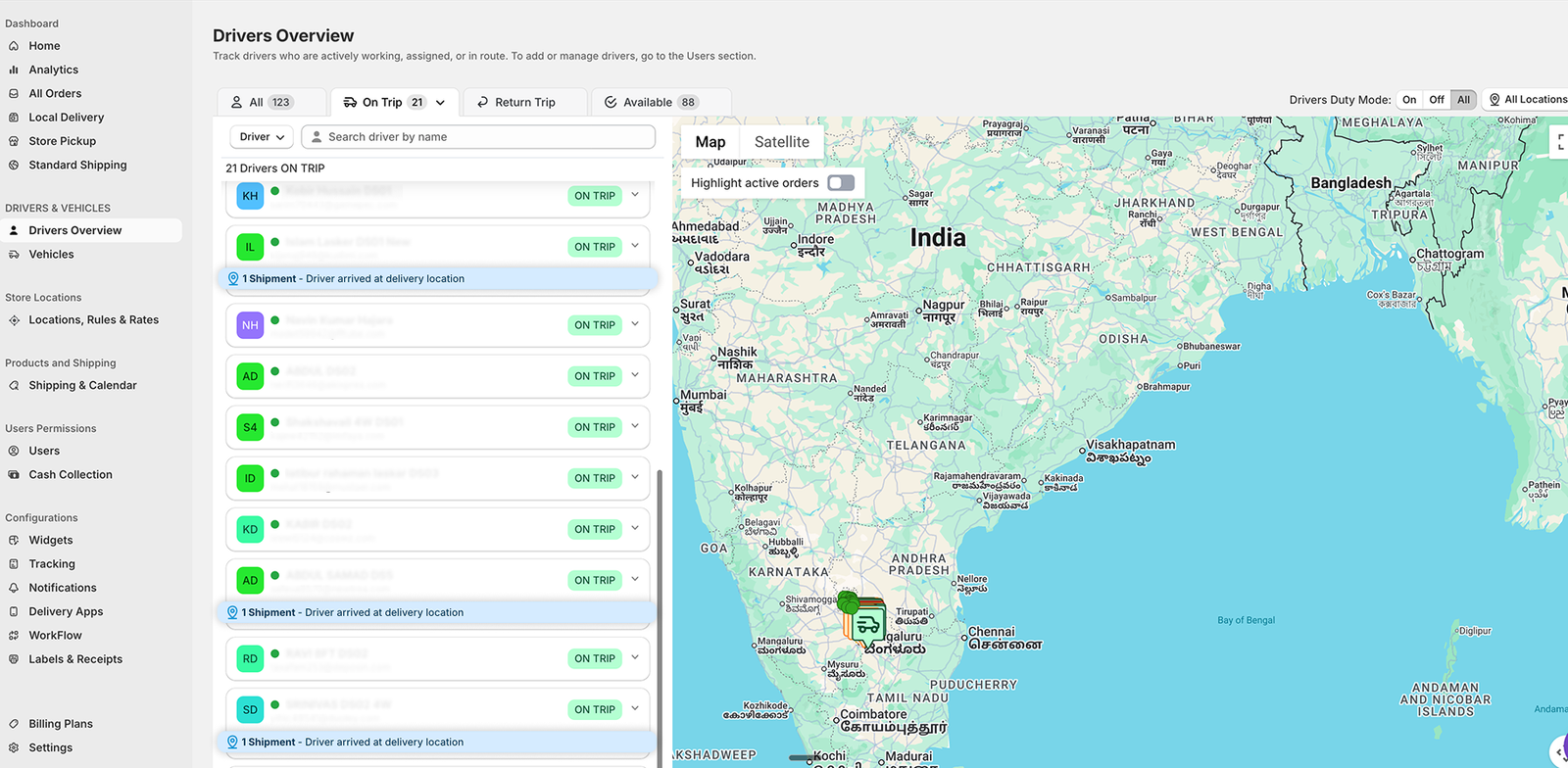 Drivers Overview: drivers on trip, with 'driver arrived at delivery location' shown under a shipment