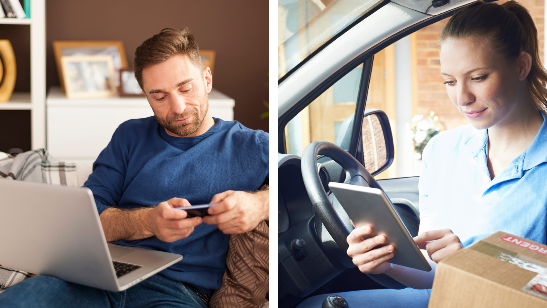 A shopper at home with a laptop and a payment card, next to a delivery driver checking a tablet in a van