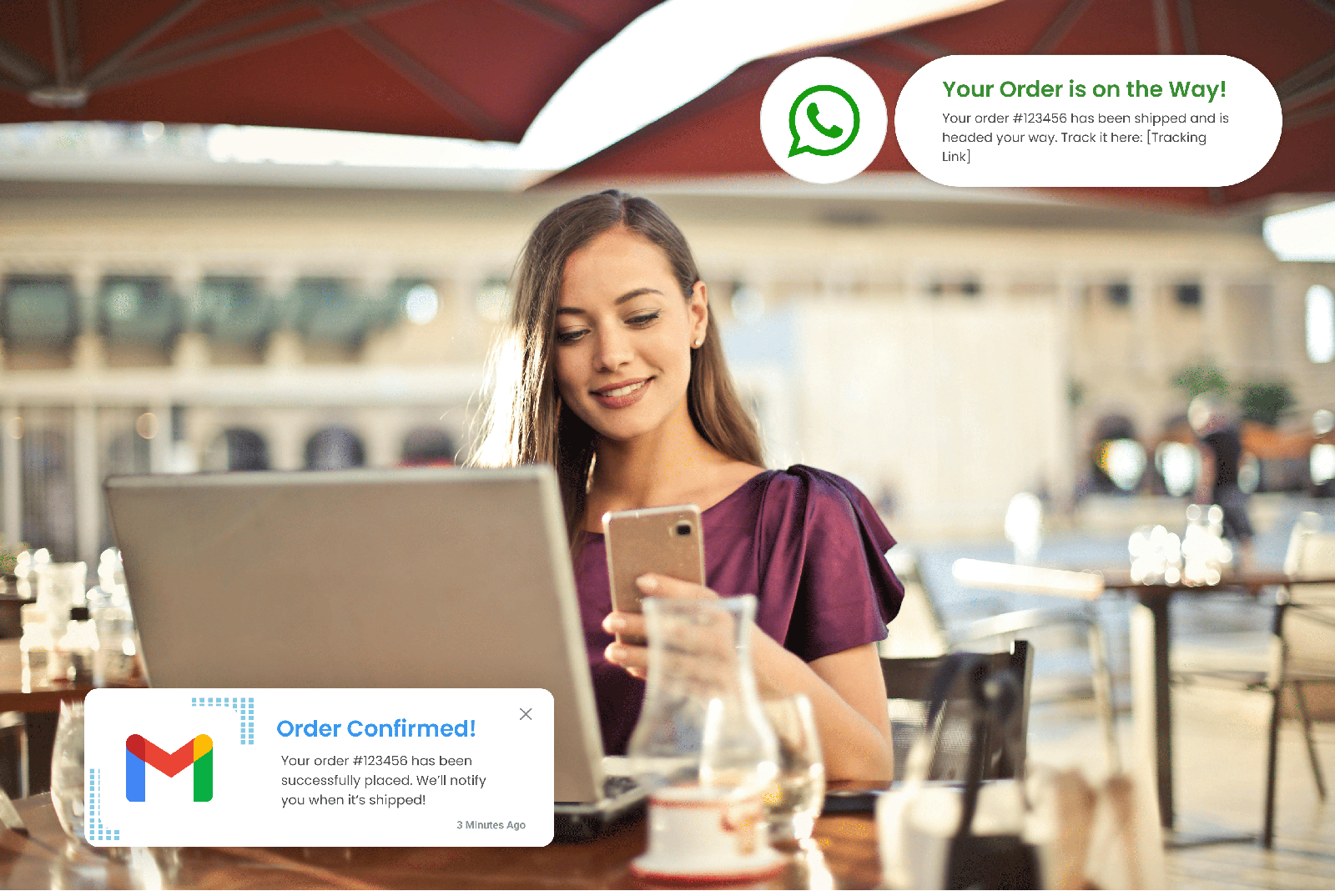 A shopper receiving order updates by WhatsApp and email