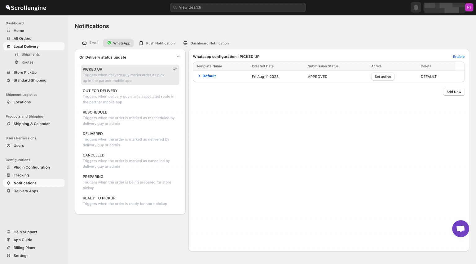 ScrollEngine notification settings with an approved WhatsApp template for the Picked up status