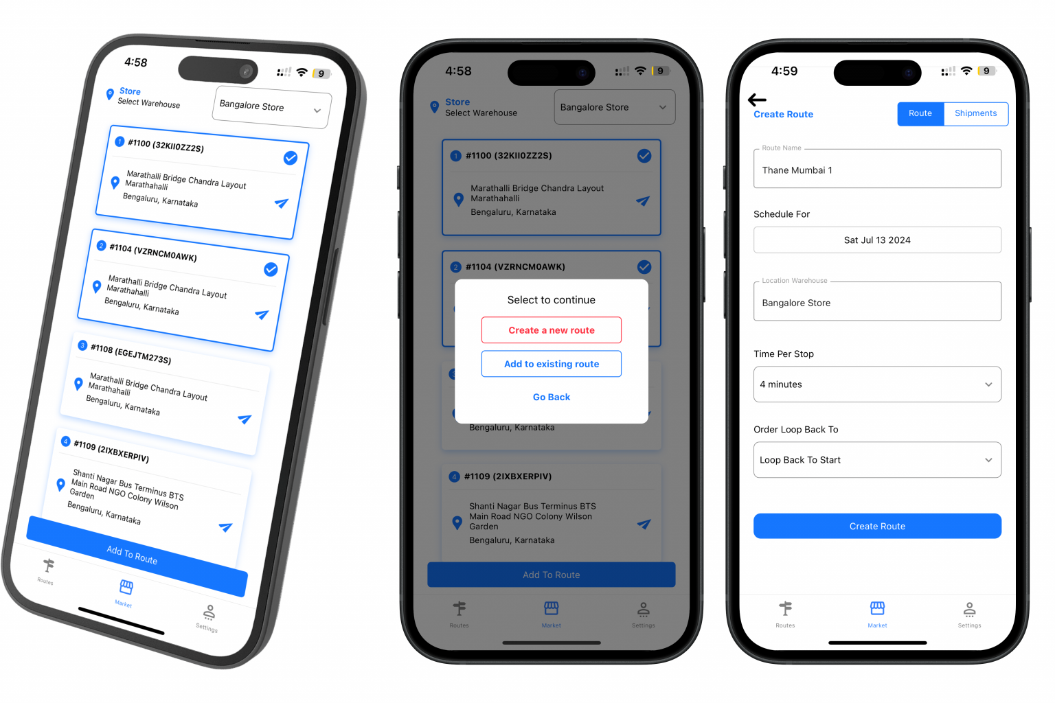 Three driver app screens: selecting orders from a store, adding them to a route, and creating a new route