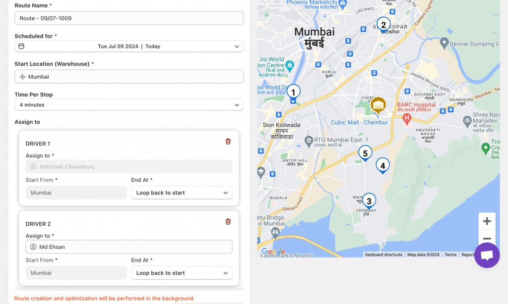 The route creation form assigning two drivers, with numbered stops on a map