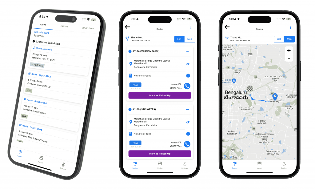 Three driver app screens: scheduled routes, stops to pick up, and the route map