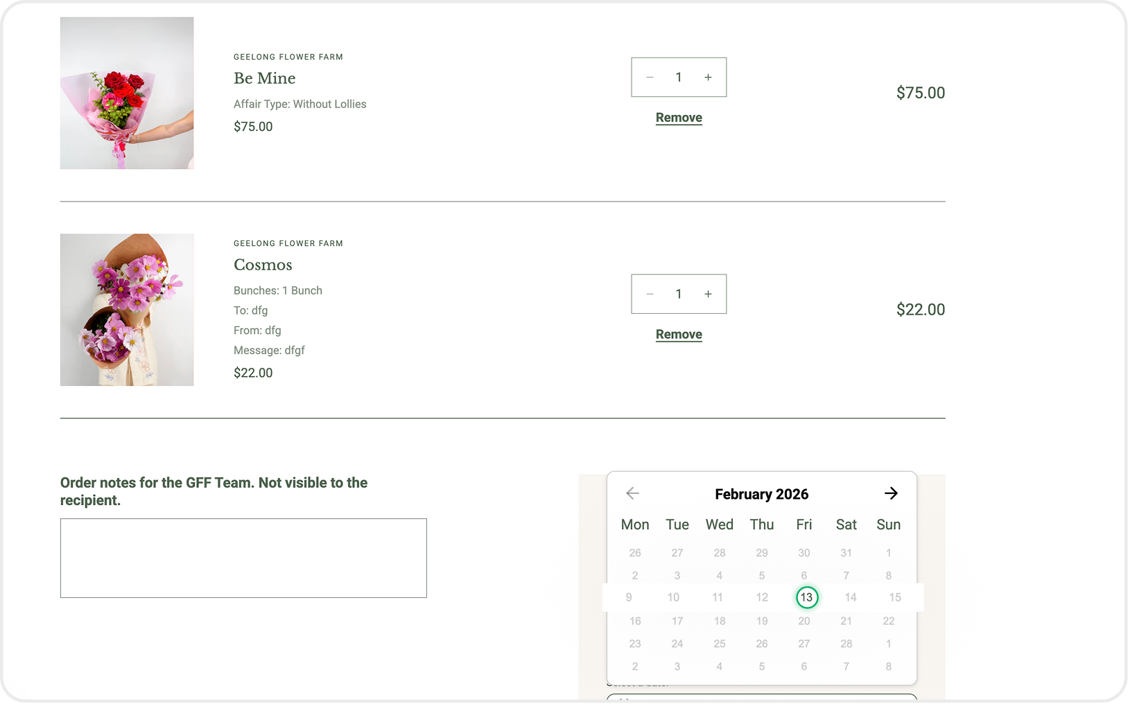 A Geelong Flower Farm cart with two bouquets and a February 2026 delivery calendar