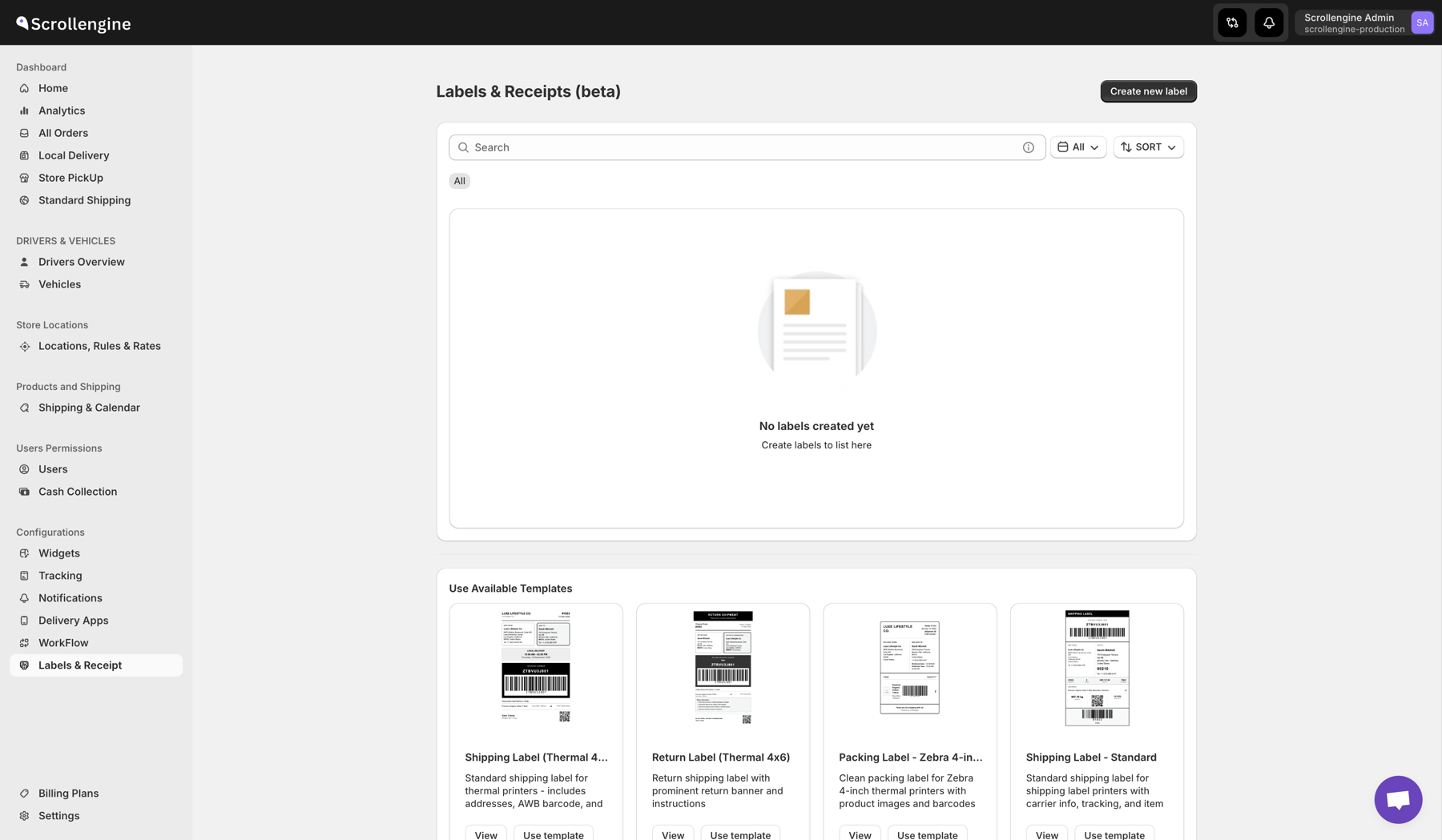 The Labels and Receipts page in ScrollEngine with ready-made label and packing slip templates