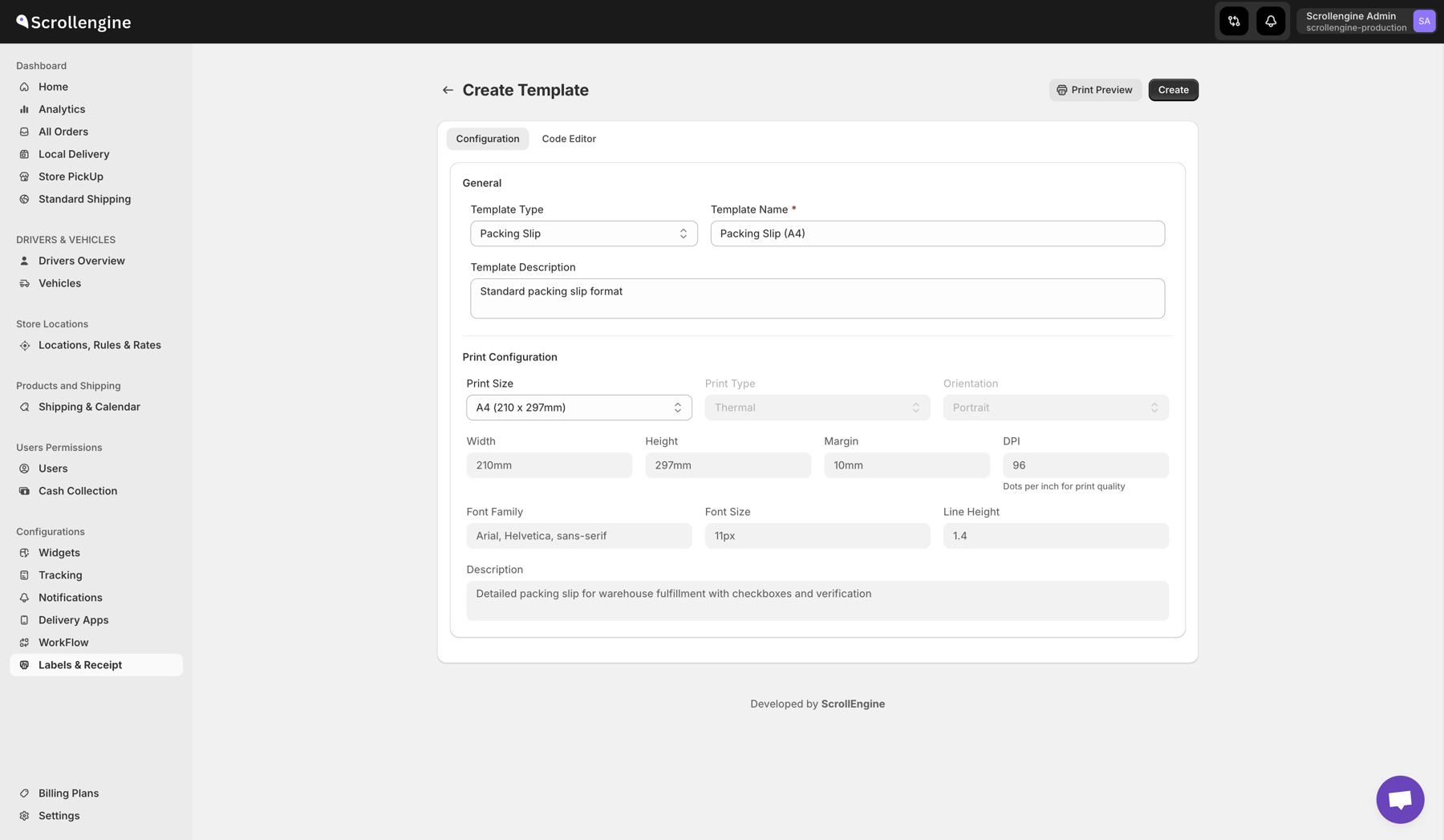 The Create Template screen for an A4 packing slip, with print size and font settings