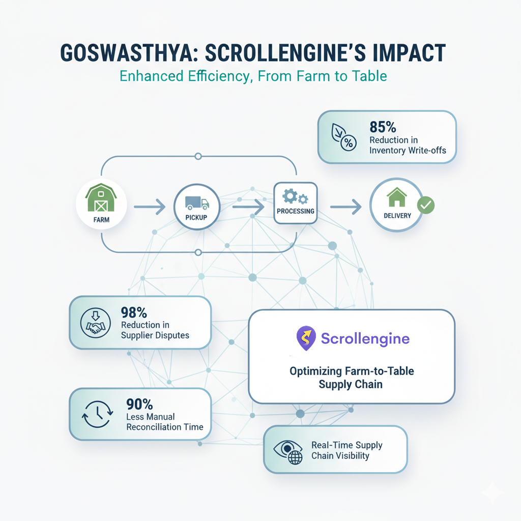 Infographic of Goswasthya's farm-to-table flow with the published figures: 98% reduction in supplier disputes, 90% less manual reconciliation time, 85% reduction in inventory write-offs, and real-time supply chain visibility