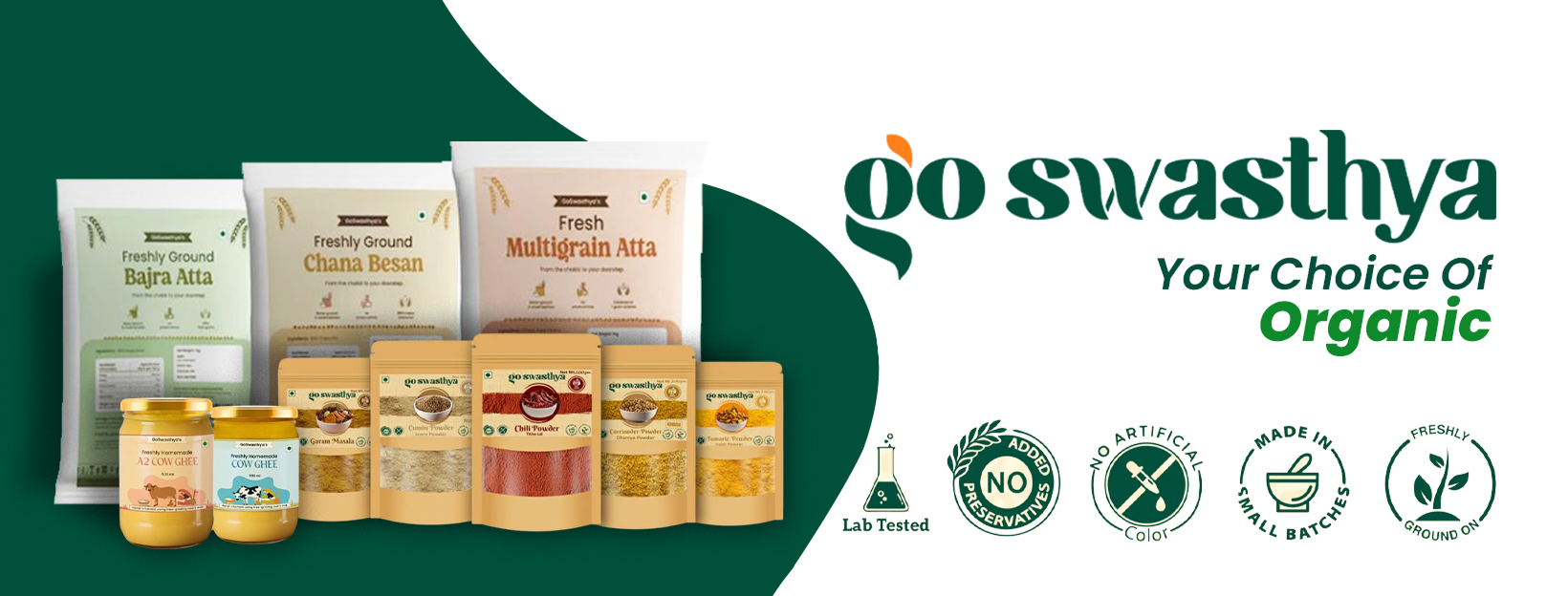 Goswasthya products, including stone-ground flours and ghee, with the line Your Choice of Organic