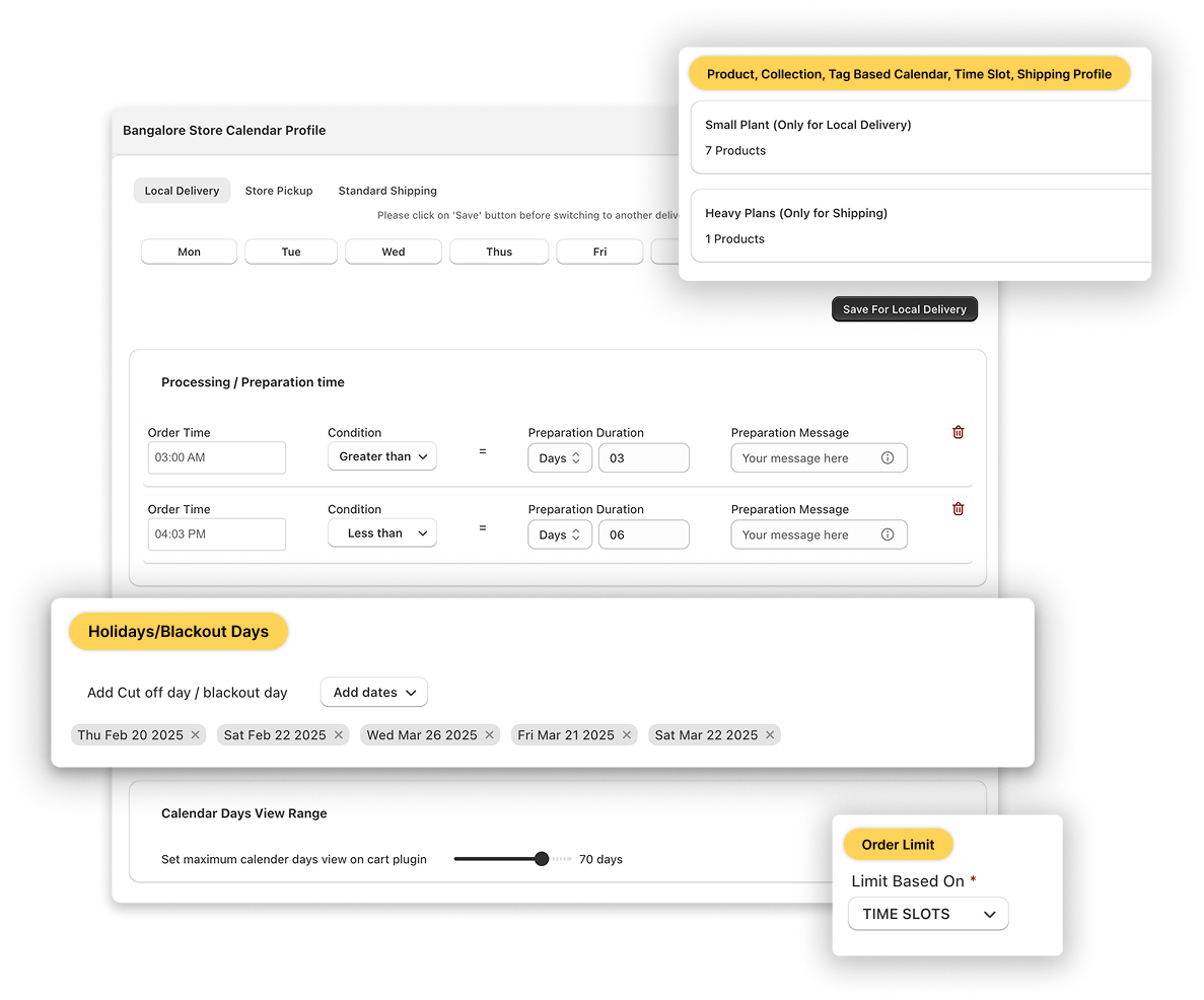 Calendar profile settings with product-based rules for local delivery and shipping, preparation times and blackout days