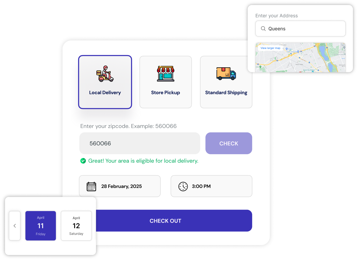 A checkout widget offering Local Delivery, Store Pickup and Standard Shipping, with a postcode check, date and time