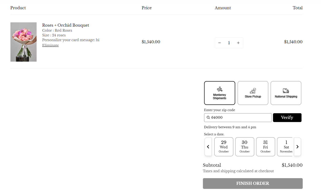 A cart page for a rose and orchid bouquet offering local delivery with a postcode check and delivery dates