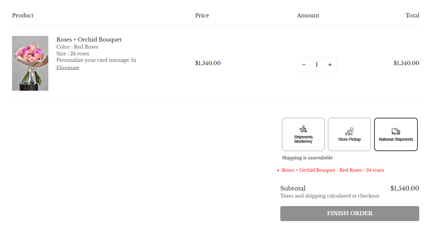 A cart page where national shipping is shown as unavailable for a fresh bouquet