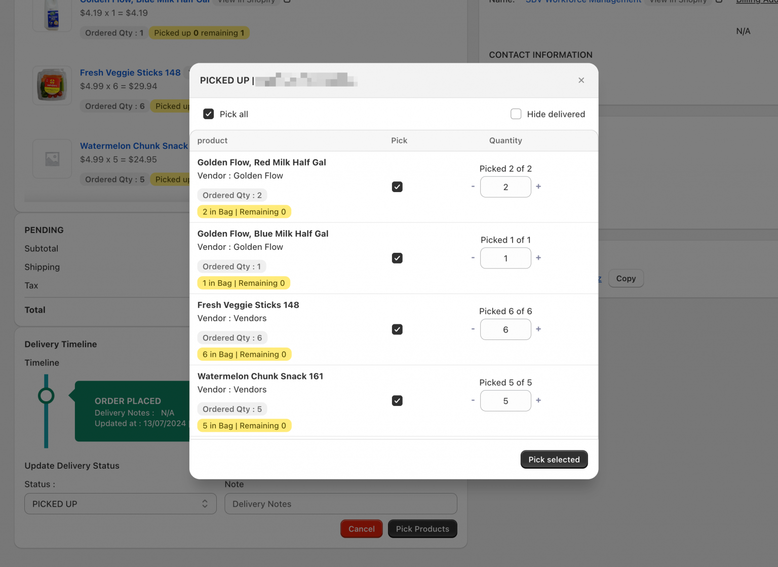 A pick checklist listing each ordered item with its picked quantity